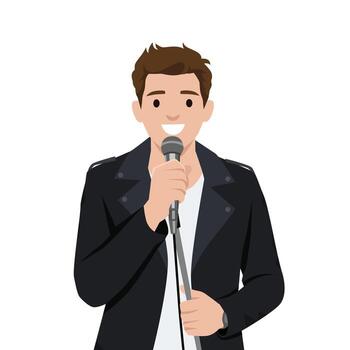 Smiling man in a black jacket holds a microphone, expressing joy and confidence. vector