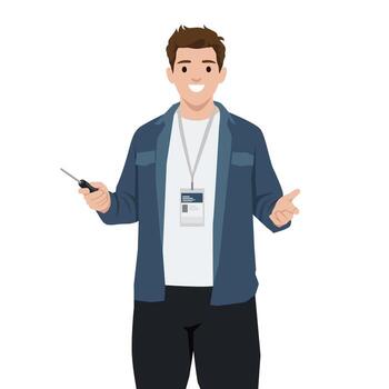 Smiling Man Explaining and Presenting with a Pointer. vector