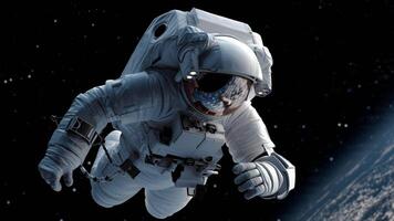 astronaut flytande i yttre Plats med jord i de bakgrund video