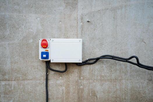 A Control Panel that features an Emergency Stop Button is mounted securely on a sturdy Concrete Wall, which ensures easy access and safety in a range of various automation processes and operations photo