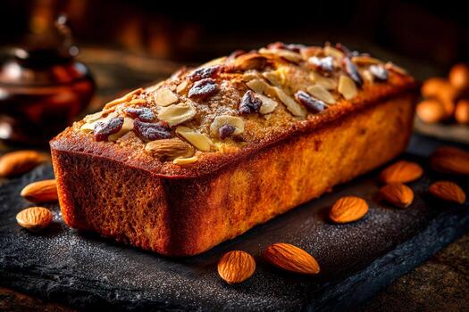 A golden almond cake cools on a black slate with almond slices on top. Whole almonds lie scattered around, adding to the rustic presentation. The warm lighting enhances its appealing texture photo
