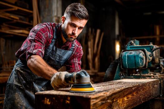 A focused carpenter uses a sander on a wooden plank in a workshop filled with tools and wood materials. Dust particles create a warm atmosphere in the workspace photo