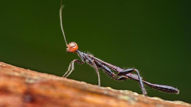 Macro shot of a slender ichneumon wasp perched on a branch photo