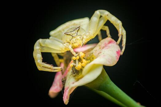 Macro shot of a crab spider on a flower with a black background photo