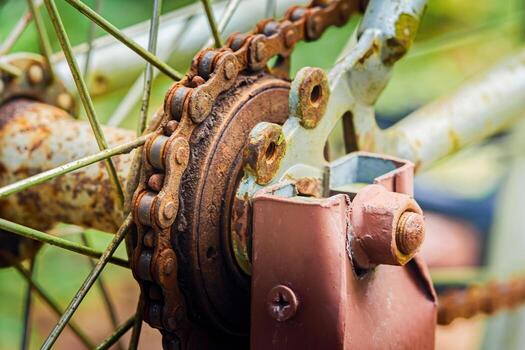 Close-up of a rusty bicycle chain and gears, showing age and decay photo