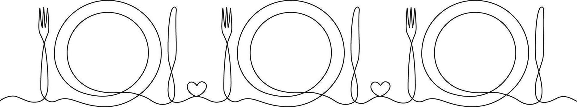One line art of table setting with plate, fork, and knife connected by a small heart symbol. Romantic minimalist dining concept illustration vector