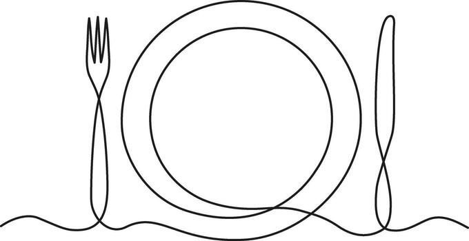 Continuous one line drawing of minimalist table setting with plate, fork, and knife. Simple outline design for restaurant or dining concept vector