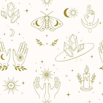 Mystical pattern with crystals and celestial symbols vector
