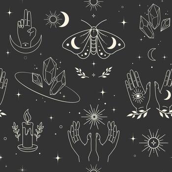 Mystical pattern with crystals and hands vector