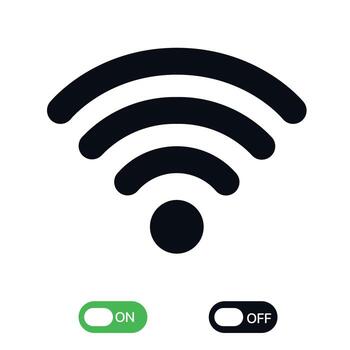 Wifi signal icon with on and off toggle buttons symbolizing wireless internet connection and network status vector