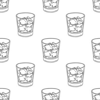 Seamless pattern of hand drawn whiskey glasses with ice cubes. Drinks background. vector