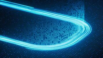 Flowing neon lines with binary data background, 3d rendering. video