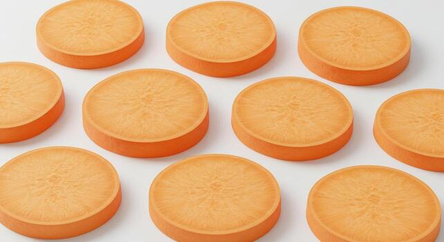 A neat grid pattern of vibrant, round orange sweet potato slices isolated on a clean white background for a minimalist food concept photo