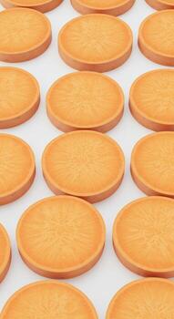 A vibrant, top-down view of perfectly sliced sweet potatoes, showcasing their rich orange flesh and deep red skin, arranged in a clean, symmetrical pattern photo