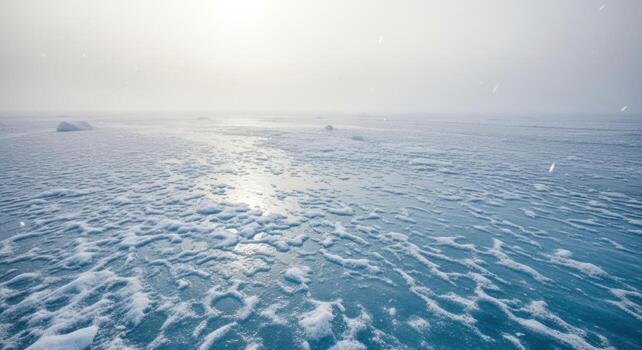 Vast frozen polar ocean under a soft, hazy winter sky. Intricate patterns of blue ice and white snow cover the surface, reflecting diffused light. A serene, cold arctic landscape photo