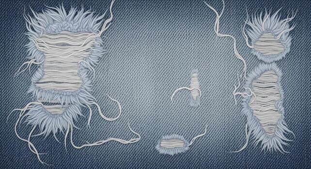 Close-up, high-angle shot of distressed blue denim fabric with ripped holes and frayed threads, showcasing texture photo