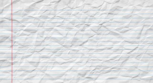 Textured background of a crumpled white lined paper sheet with a distinct red margin, evoking a worn and used school notebook page surface, ready for new notes or design projects photo