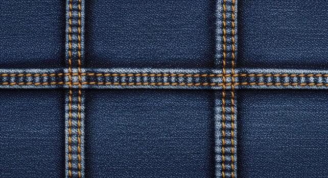 Detailed macro photograph of dark blue denim fabric texture with a grid of double-stitched seams using contrasting yellow thread for a background photo