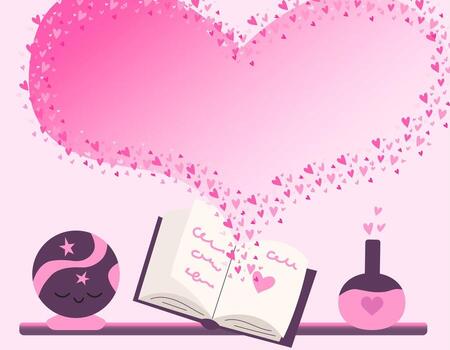 Magic love potion making with spell book. Space for text in heart shape with lots of glowing hearts. Template background for greeting or party invitation. vector