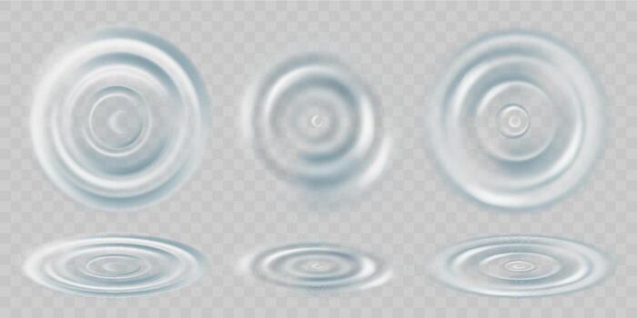 Blue water wave and splash effect. Drop top view with light . 3d transparent liquid puddle with concentric circle motion. Impact surface texture. Circular cosmetic ripple design. Wireless point. vector