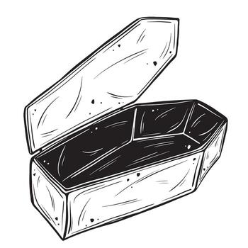 Sketch of a coffin. Hand-drawn ink illustration of an open casket with linear graphic elements for Halloween design, isolated on white background vector