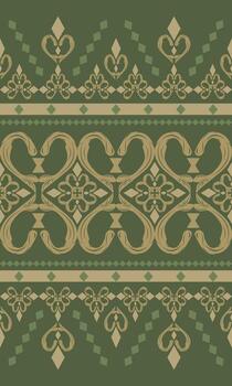 Tall vertical decorative pattern featuring curved heart shapes and small floral detail repeated in structured alignment. Olive green background with soft gold highlights create elegant and luxury mood vector