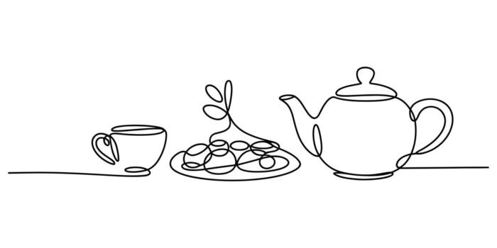 Minimalist continuous line drawing of teatime set vector