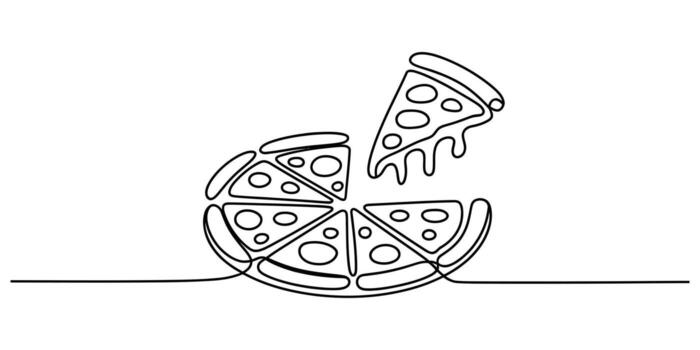 Minimalist continuous line pizza with lifting slice vector