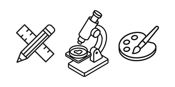 Microscope pencil with ruler and brush with palette vector