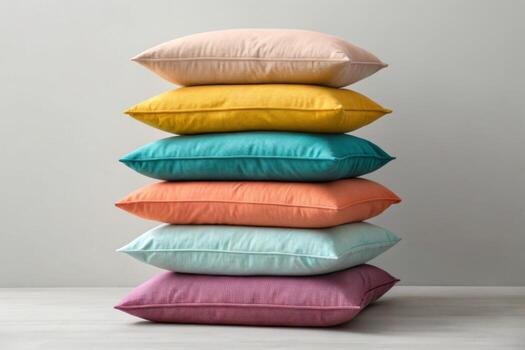 stack of multi-colored pillows on white background photo