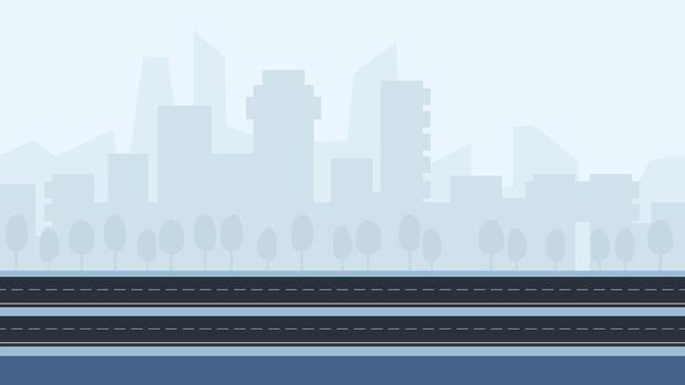 paisaje urbano de Alto edificios con dos vacío carreteras y arboles en un fila vector