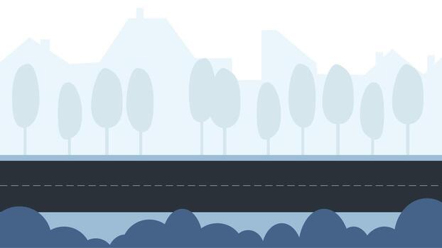 Cityscape of buildings, empty road and trees in a row, with bushes in the foreground vector