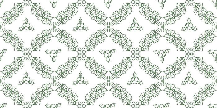 Diamond pattern with holly leaves branch seamless pattern on white background. Winter holidays outline repeat background vector