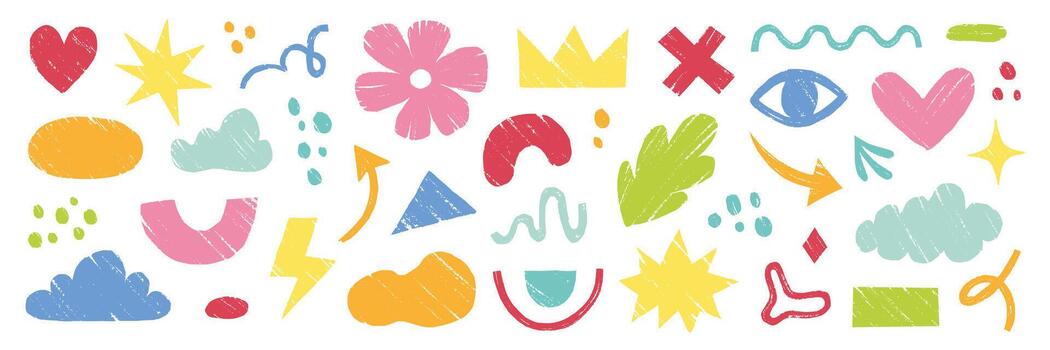 Crayon abstract organic element set. Hand drawn sketch doodle scribble pastel brush geometric figure shape crayon texture background. Abstract arrow, circle, zigzag elements vector
