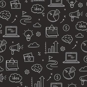 Business idea doodle line seamless pattern background. Business success, creative idea concept doodle drawn sketch style pattern with lightbulb, megaphone, calendar element. vector