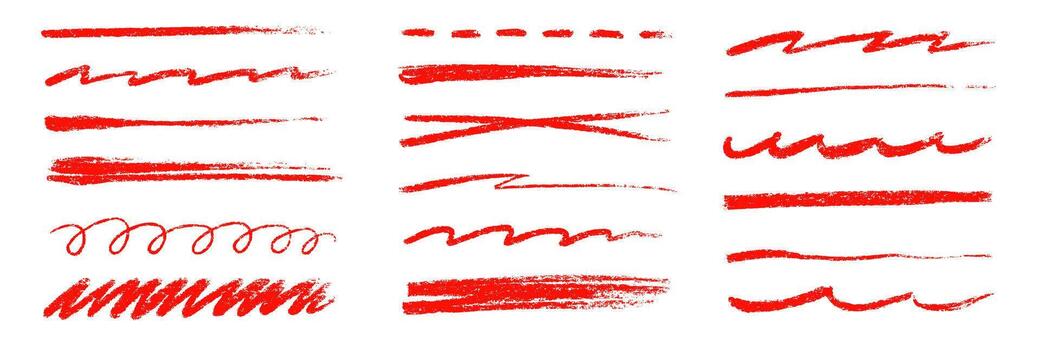 Red pencil line brush stroke set. Hand drawn underline, cross mark, and crayon scribble for text highlight and grunge. Doodle sketch element for red chalk pencil underline design. vector