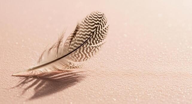 A Delicate Bird Feather with a Pattern on a Textured Pastel Background, Gentle and Serene Nature Still Life with an Intricate Feather, Patterned Feather with Soft Light and Copy Space photo
