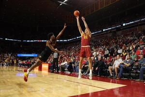 Iowa State Cyclones forward Milan Momcilovic (22) shoots over Grambling State Tigers Jimel Lee (5) during the first half at James H. Hilton Coliseum. editorial_image