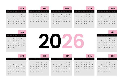 Year 2026 Calendar Template in Format with Pink Accents for Planning and Scheduling vector