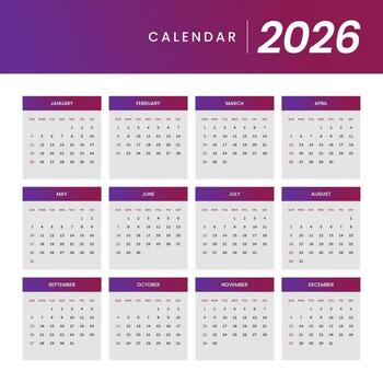 Modern and clean yearly 2026 calendar template featuring a vibrant gradient design for effective personal and business planning, organization, and scheduling needs vector