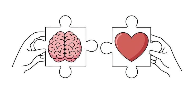 Hands Holding Puzzle Pieces With Brain And Heart Symbols On White Background jigsaw connection vector