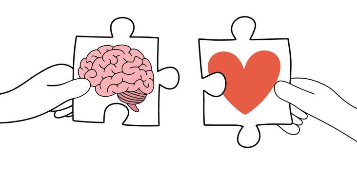 Hands Holding Puzzle Pieces With Brain And Heart Icons On White Background jigsaw connection vector