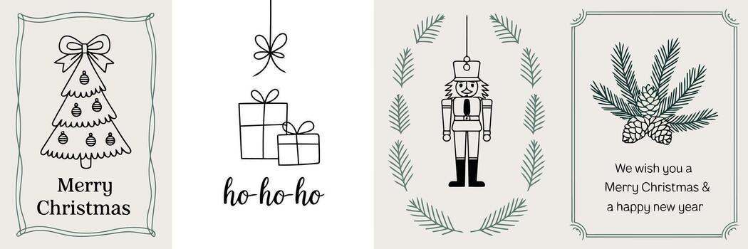 alegre Navidad y contento nuevo año ilustraciones con árbol regalos cascanueces y pino ramas vector