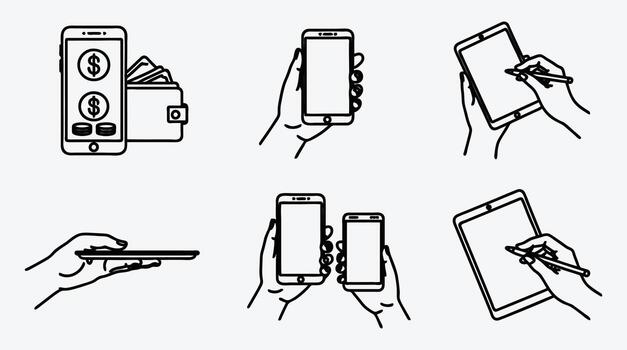 digital dispositivos y financiero actas icono conjunto con móvil bancario tema vector
