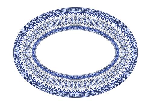 An oval frame featuring intricate blue patterns, including a Greek key border and floral motifs, on a white background. Classic and elegant design element vector