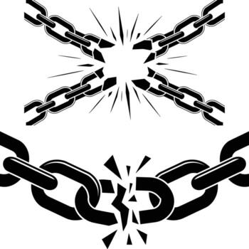 Two broken chains with radiating lines and sharp fragments link breaking vector