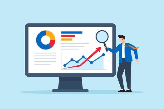 Flat illustration of businessman analyzing business finance and investment performance using report dashboard with data chart and tracking graph vector