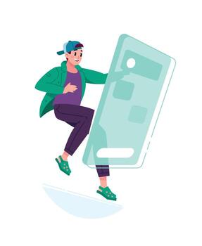ilustración de un joven chico en frente de un grande teléfono inteligente pantalla en cero gravedad. el solicitud interfaz. Iniciar sesión en a tu personal cuenta. imagen para diseño vector