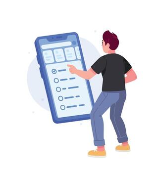 Illustration of a young guy in front of a large smartphone screen. The application interface. Log in to your personal account. Image for design projects, website and printing, mockup design. vector