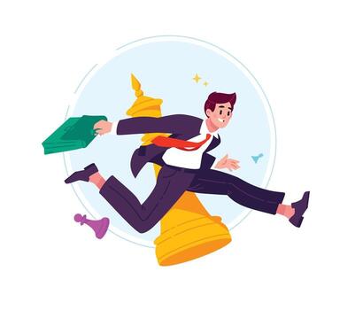 A man in a suit with a briefcase runs towards the target. Launching projects. Speed and mobility. The image of an office worker running to work. The concept of a successful team leader. vector